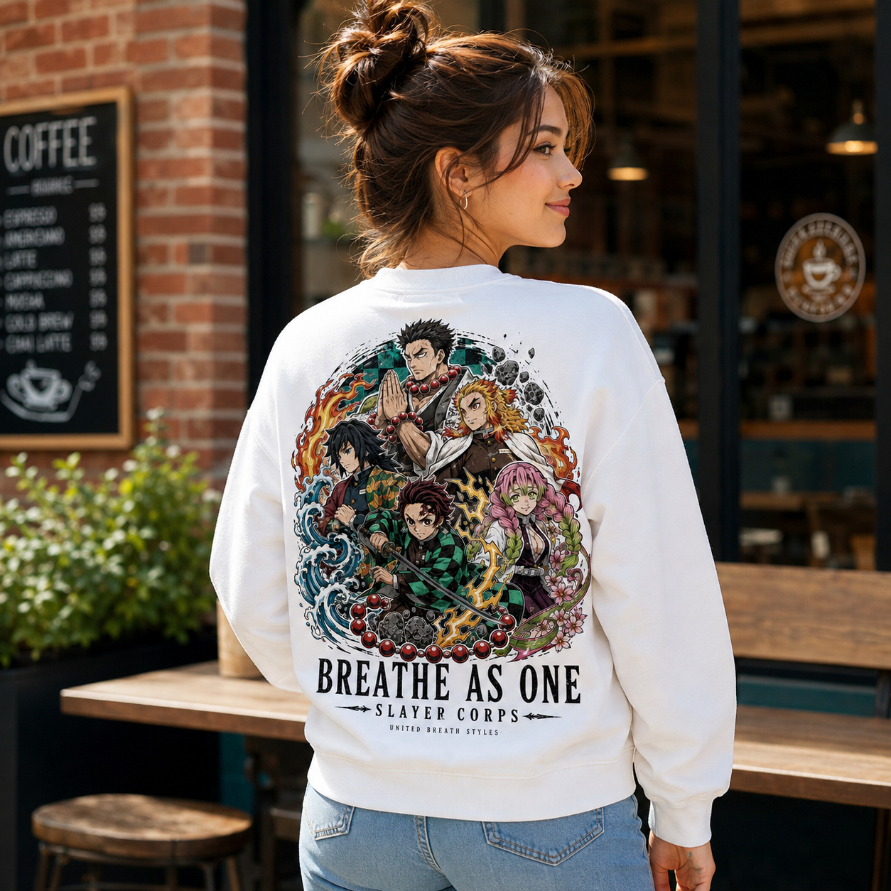 White sweatshirt with Tanjiro Kamado Demon Slayer Breathe As One graphic – photo 3