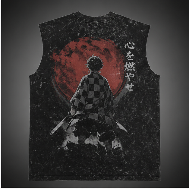 Washed black tank top with Tanjiro Kamado Demon Slayer Crimson Moon Resolve graphic – photo 1