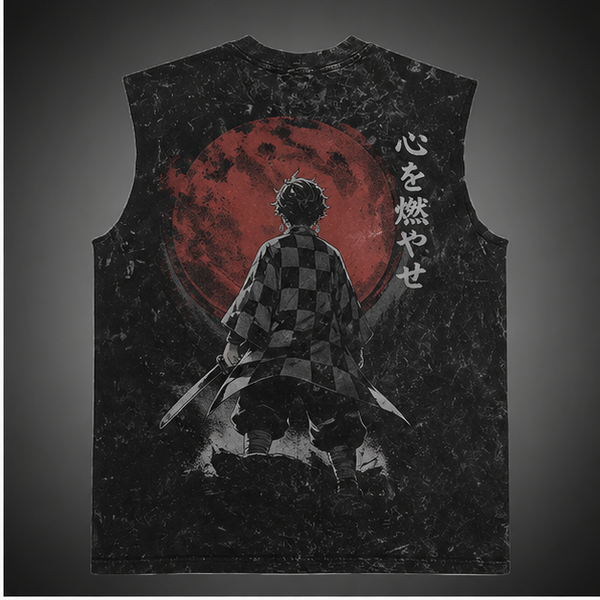 Washed black tank top with Tanjiro Kamado Demon Slayer Crimson Moon Resolve graphic – photo 1