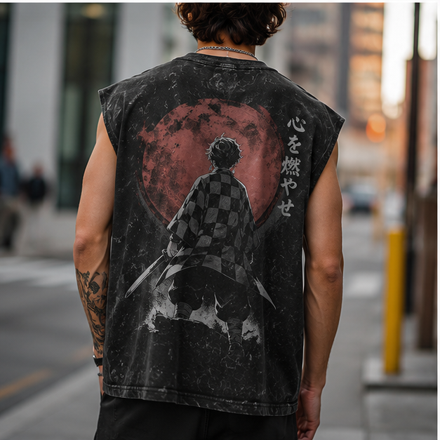 Washed black tank top with Tanjiro Kamado Demon Slayer Crimson Moon Resolve graphic – photo 3