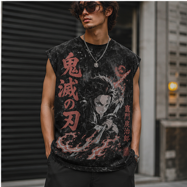 Washed black tank top with Tanjiro Kamado Demon Slayer Crimson Moon Resolve graphic – photo 4