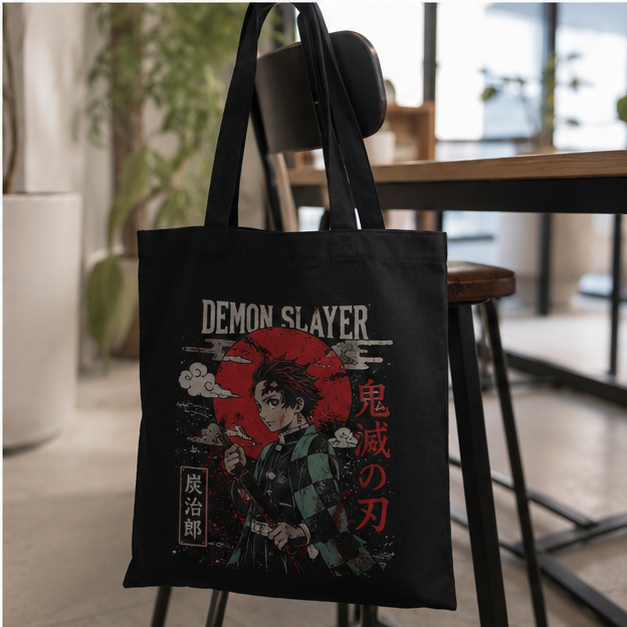 Black tote bag with Tanjiro Kamado Demon Slayer Crimson Sun Tanjiro graphic – photo 4