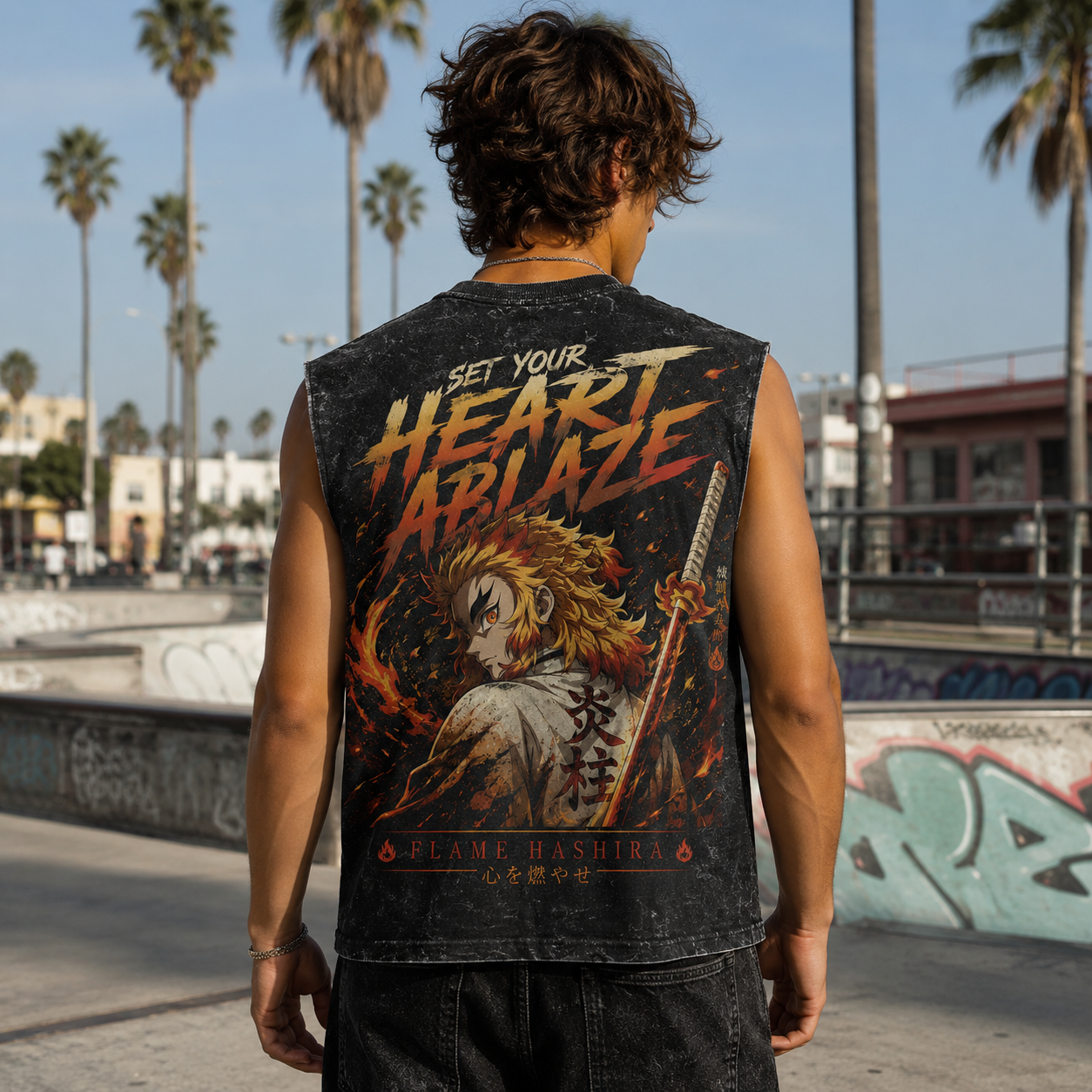Washed black tank top with Tanjiro Kamado Demon Slayer Cut The Darkness graphic – photo 3