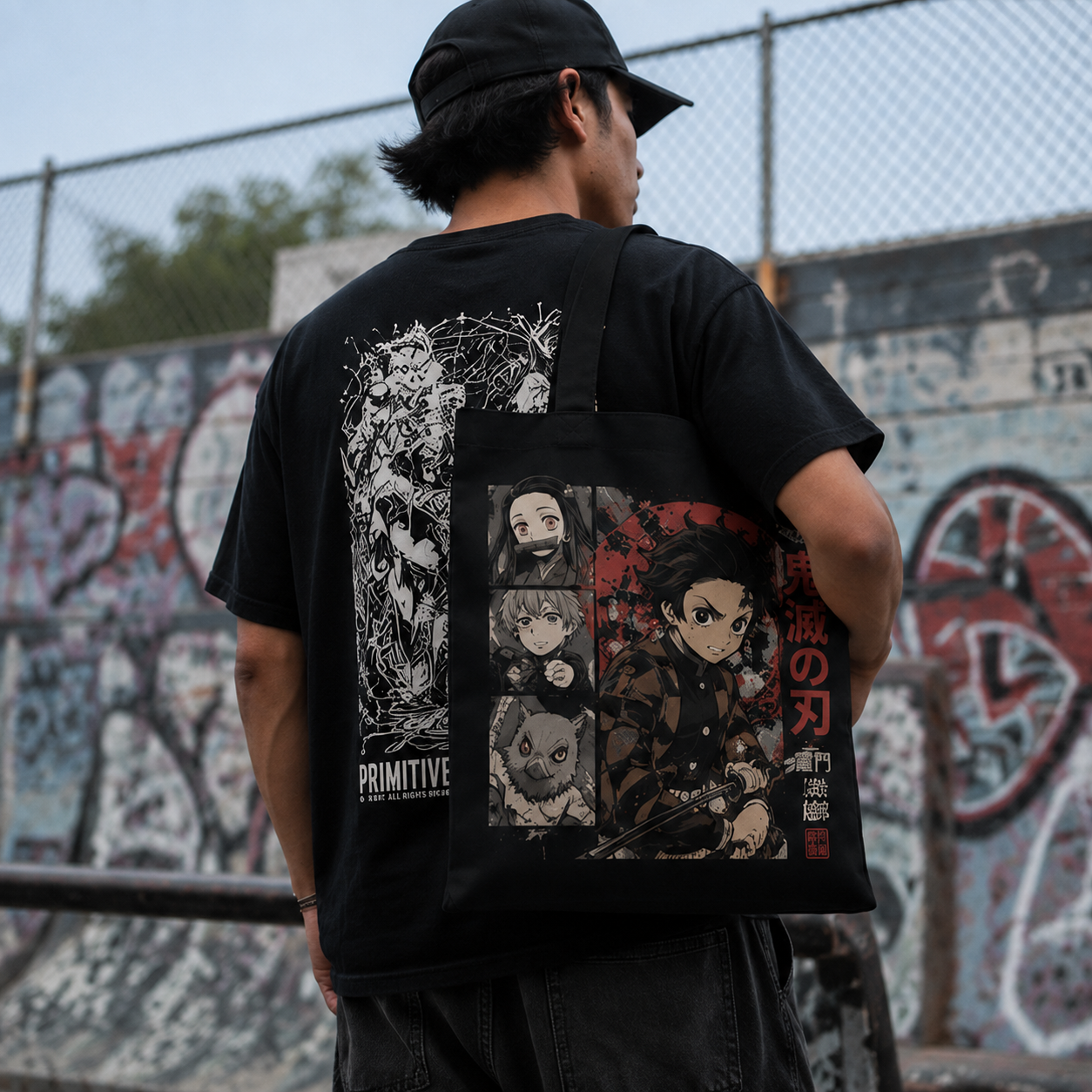 Black tote bag with Tanjiro Kamado Demon Slayer Manga Panel Crew graphic – photo 4