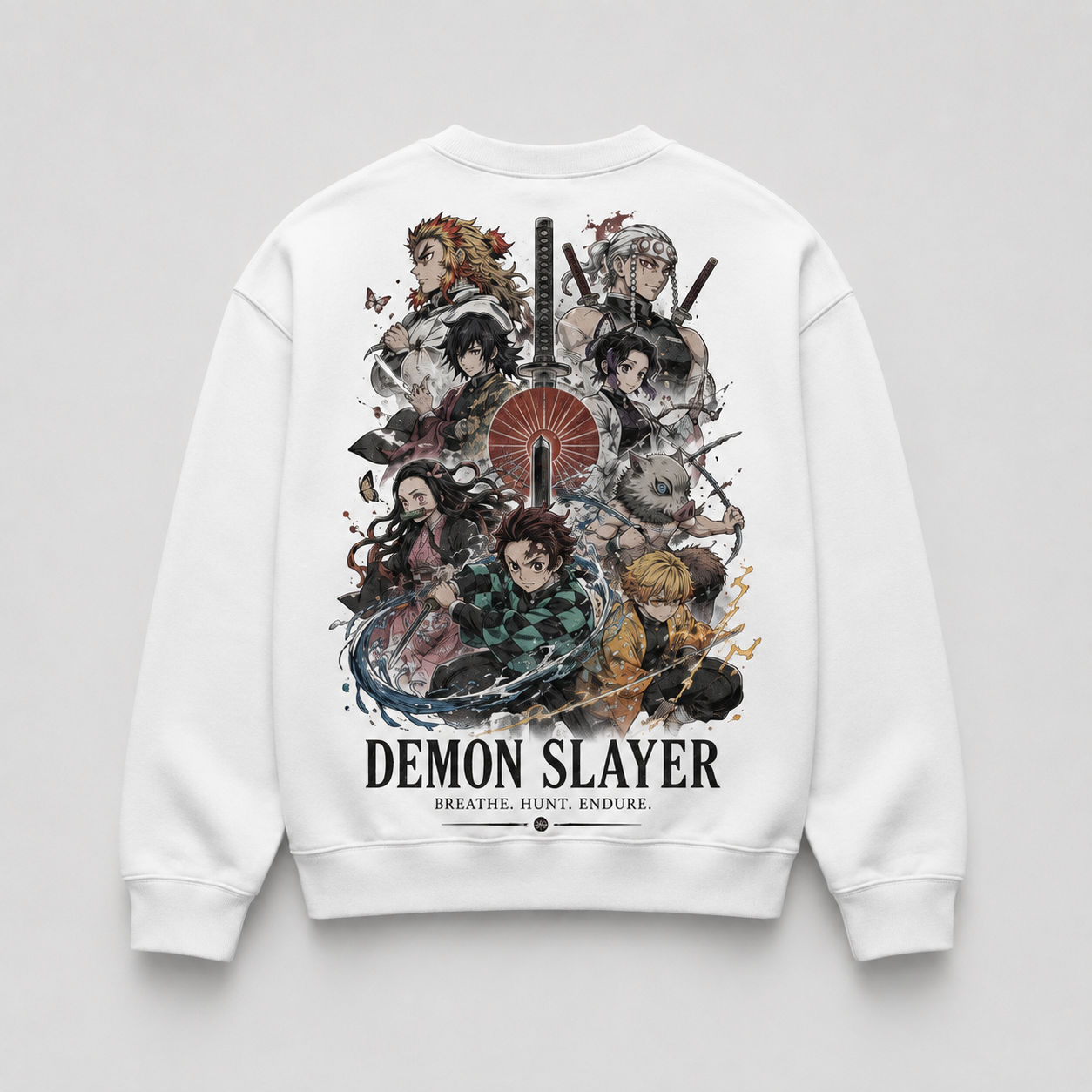 White sweatshirt with Tanjiro Kamado Demon Slayer Slayer Ensemble Poster graphic – photo 1