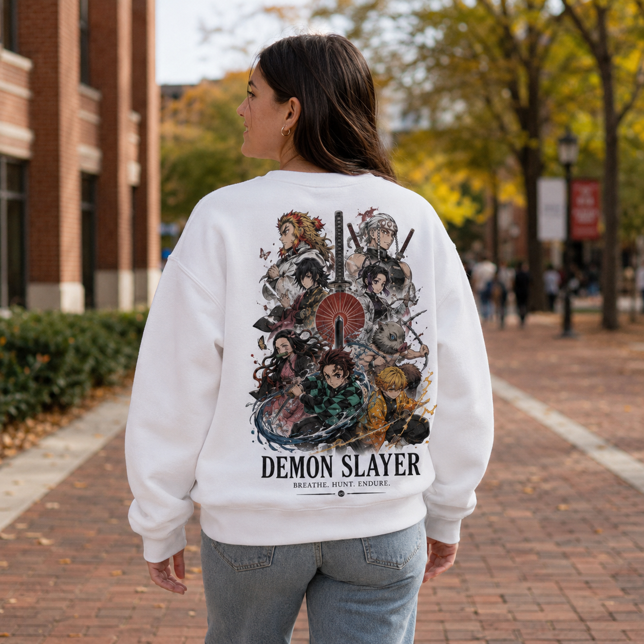 White sweatshirt with Tanjiro Kamado Demon Slayer Slayer Ensemble Poster graphic – photo 3
