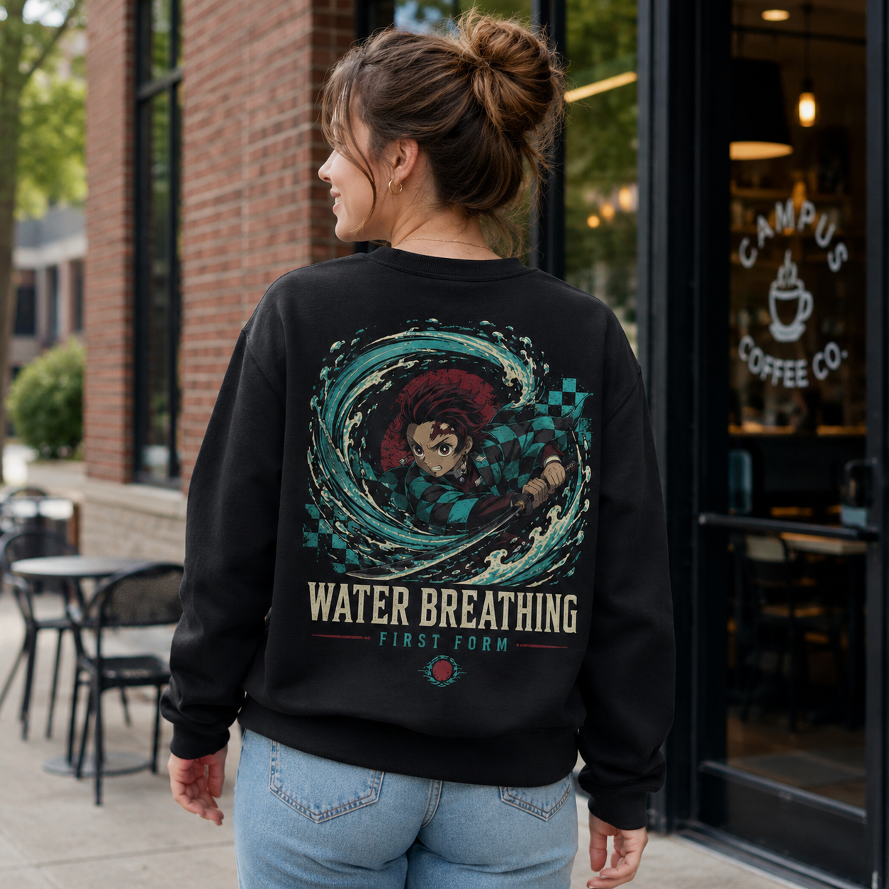 Black sweatshirt with Tanjiro Kamado Demon Slayer Water Breathing Surge graphic – photo 3