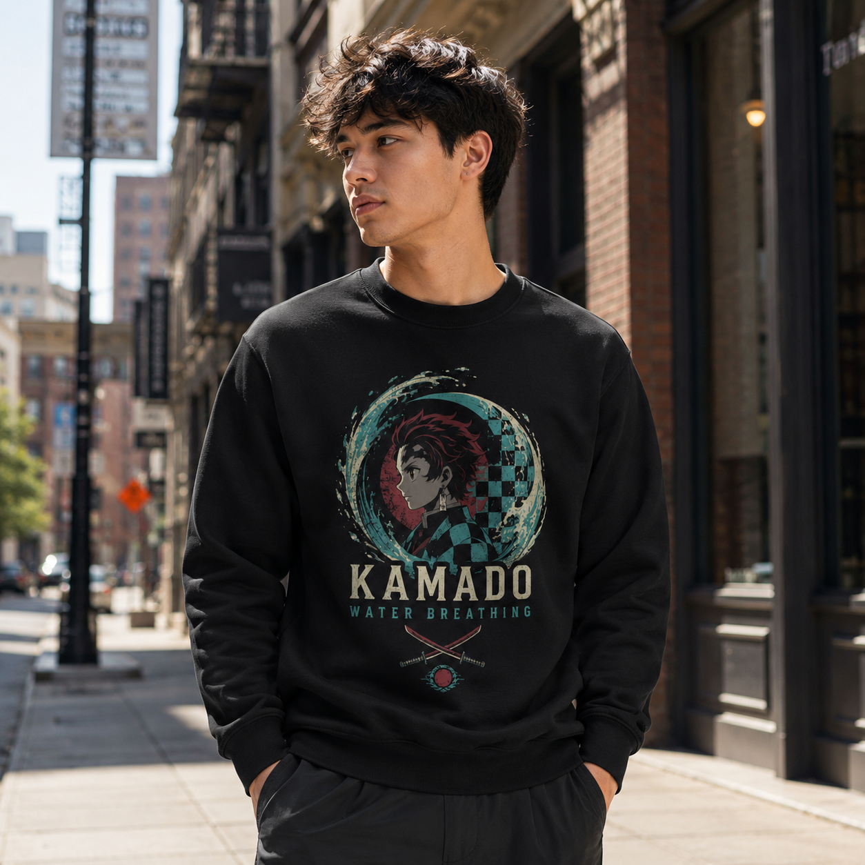Black sweatshirt with Tanjiro Kamado Demon Slayer Water Breathing Surge graphic – photo 4