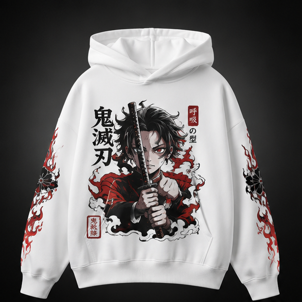 White hoodie with Tanjiro Kamado Demon Slayer Water Breathing Tanjiro graphic – photo 2