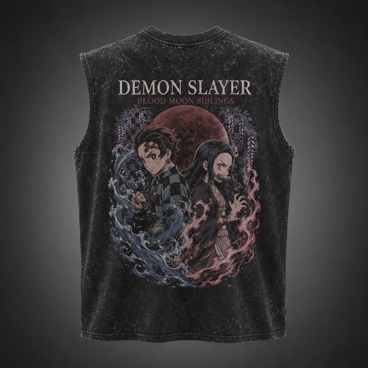 Washed black tank top with Tanjiro Kamado & Nezuko Kamado Demon Slayer Blood Moon Siblings graphic – photo 1