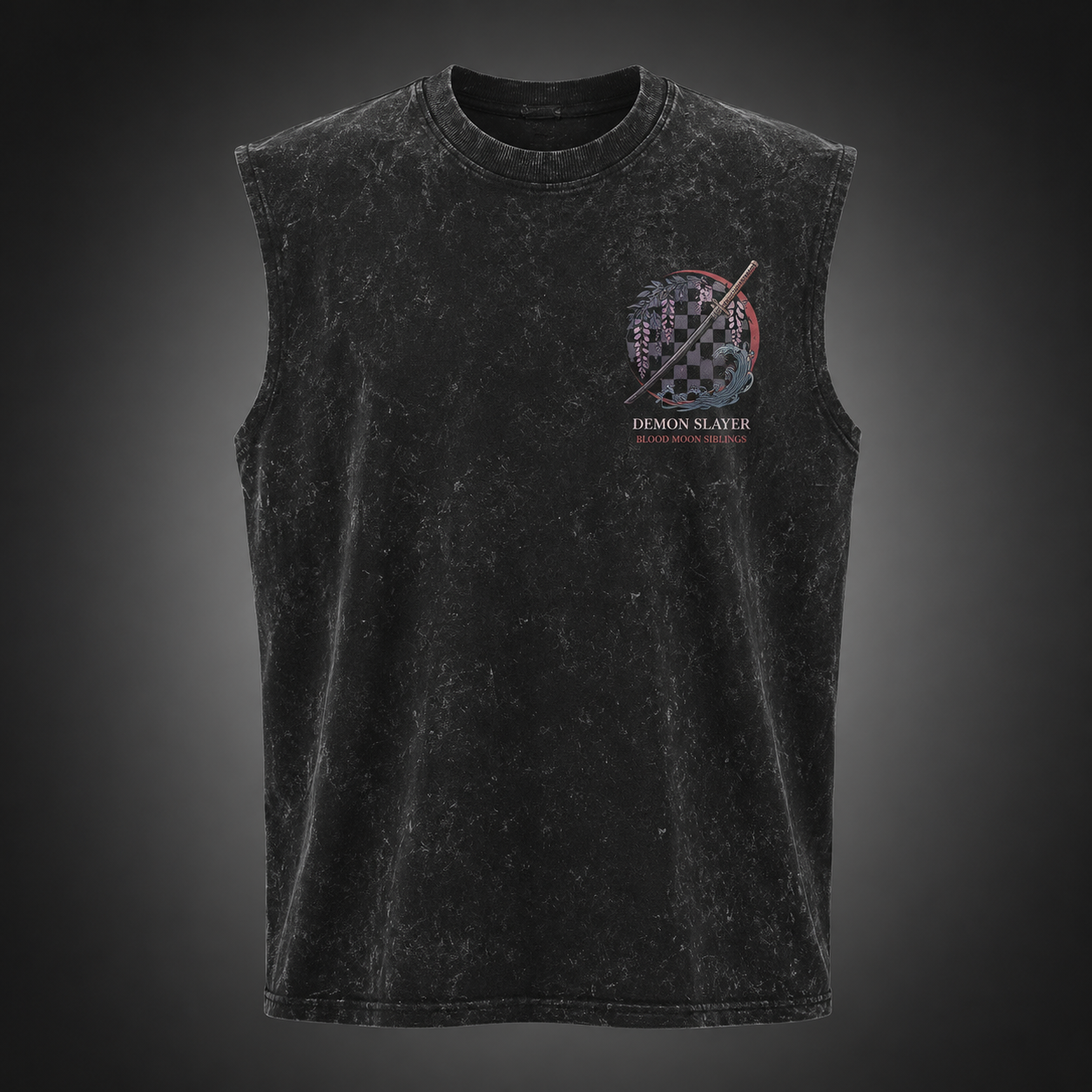 Washed black tank top with Tanjiro Kamado & Nezuko Kamado Demon Slayer Blood Moon Siblings graphic – photo 2