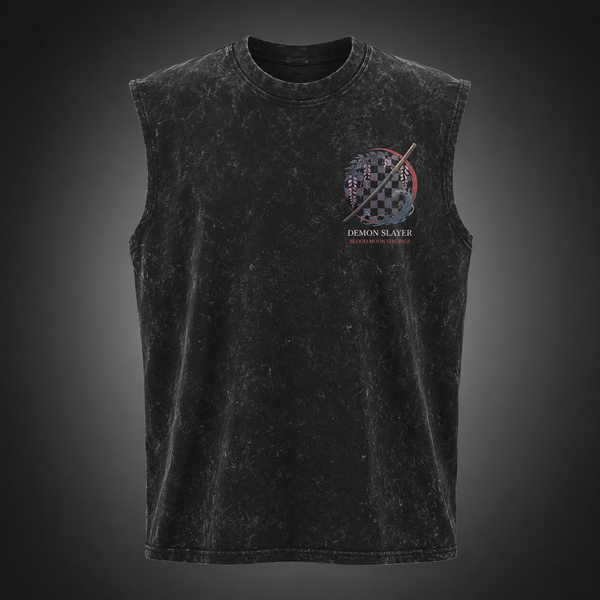 Washed black tank top with Tanjiro Kamado & Nezuko Kamado Demon Slayer Blood Moon Siblings graphic – photo 2
