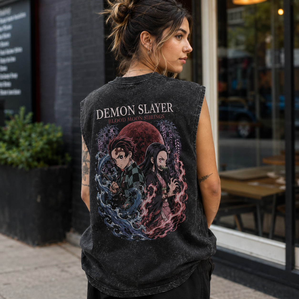 Washed black tank top with Tanjiro Kamado & Nezuko Kamado Demon Slayer Blood Moon Siblings graphic – photo 3
