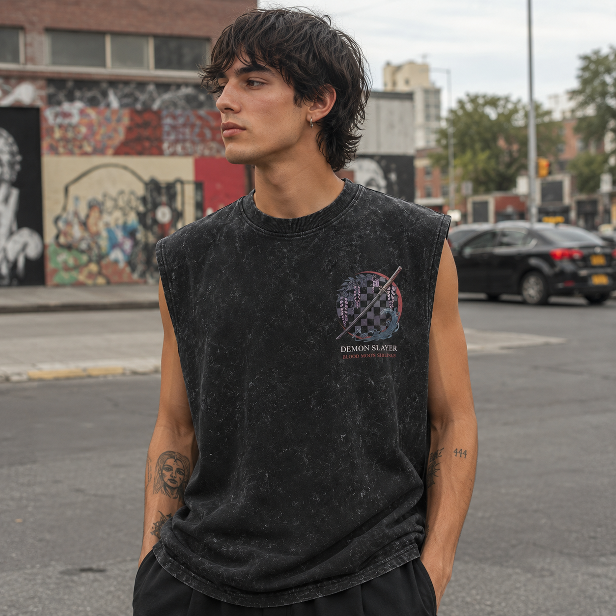 Washed black tank top with Tanjiro Kamado & Nezuko Kamado Demon Slayer Blood Moon Siblings graphic – photo 4