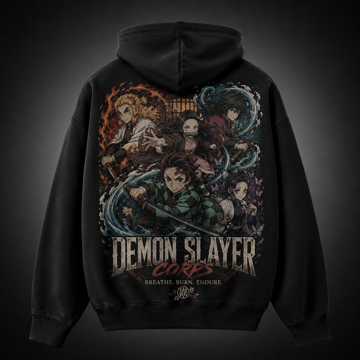 Black hoodie with Tanjiro Kamado, Nezuko Kamado, Kyojuro Rengoku, Giyu Tomioka, Shinobu Kocho Demon Slayer Corps Assemble graphic – photo 1