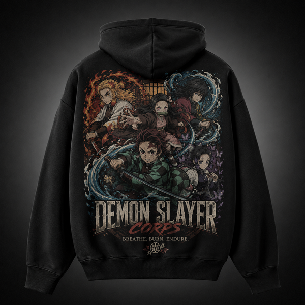 Black hoodie with Tanjiro Kamado, Nezuko Kamado, Kyojuro Rengoku, Giyu Tomioka, Shinobu Kocho Demon Slayer Corps Assemble graphic – photo 1