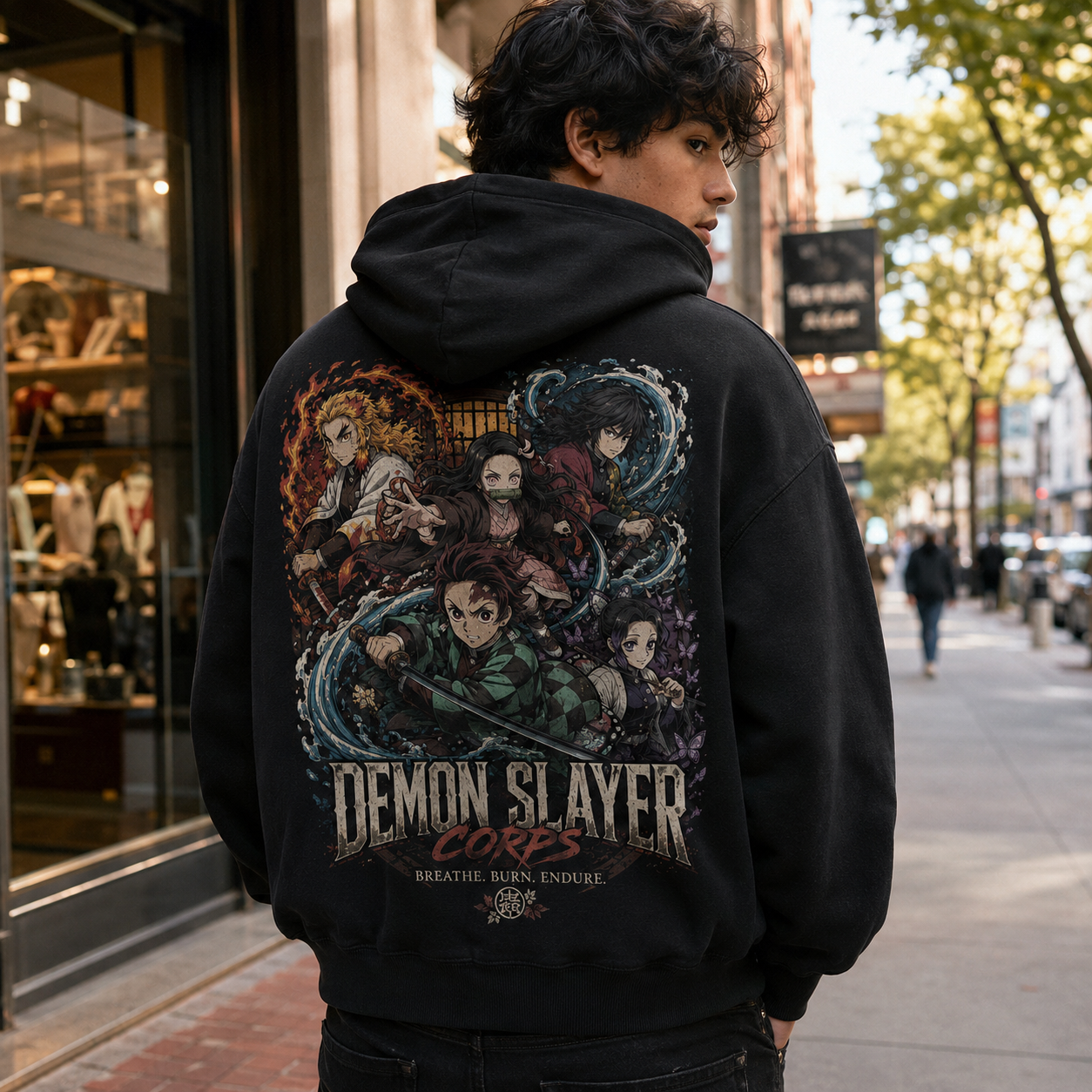 Black hoodie with Tanjiro Kamado, Nezuko Kamado, Kyojuro Rengoku, Giyu Tomioka, Shinobu Kocho Demon Slayer Corps Assemble graphic – photo 3