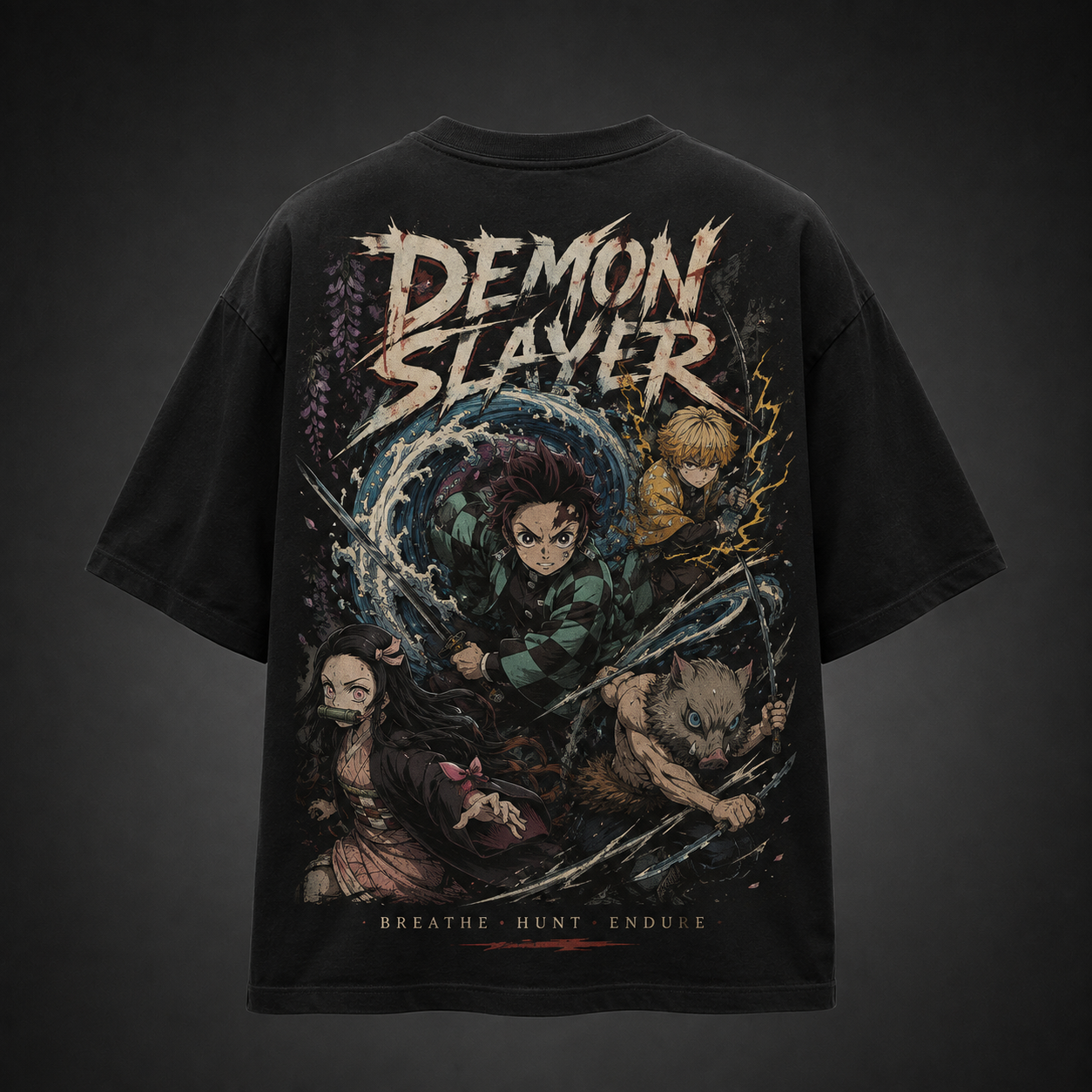 Black t-shirt with Tanjiro Kamado, Nezuko Kamado, Zenitsu Agatsuma, Inosuke Hashibira Demon Slayer Breathe Hunt Endure graphic – photo 1