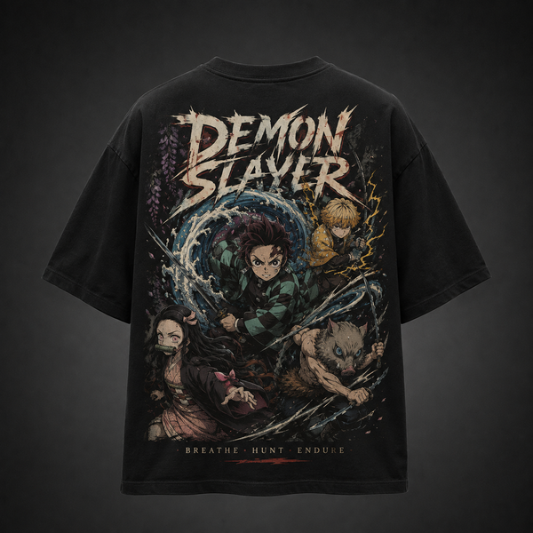Black t-shirt with Tanjiro Kamado, Nezuko Kamado, Zenitsu Agatsuma, Inosuke Hashibira Demon Slayer Breathe Hunt Endure graphic – photo 1