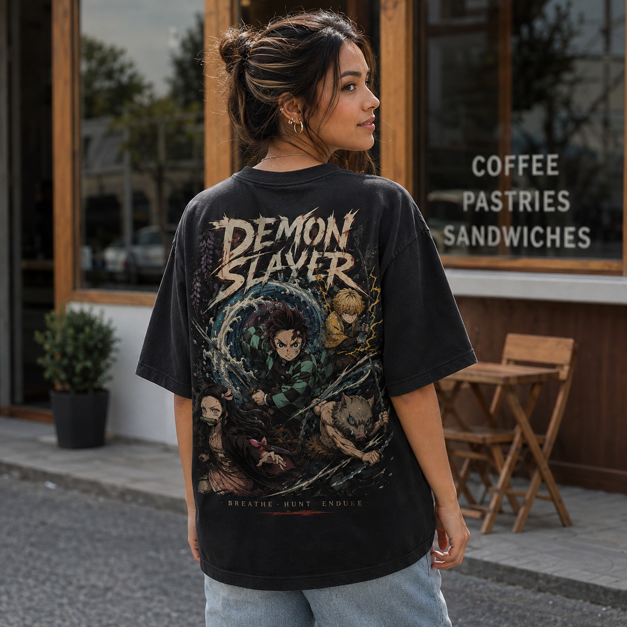 Black t-shirt with Tanjiro Kamado, Nezuko Kamado, Zenitsu Agatsuma, Inosuke Hashibira Demon Slayer Breathe Hunt Endure graphic – photo 3