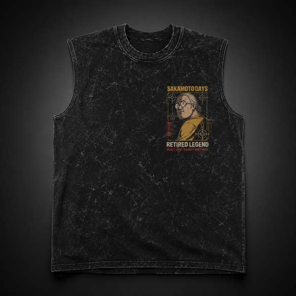 Washed black tank top with Taro Sakamoto Sakamoto Days Calm Under Fire graphic – photo 2