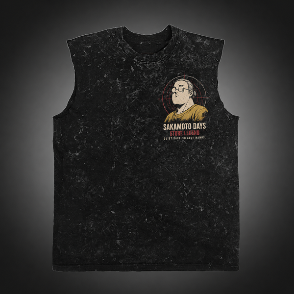 Washed black tank top with Taro Sakamoto Sakamoto Days Everyday Legend graphic – photo 2