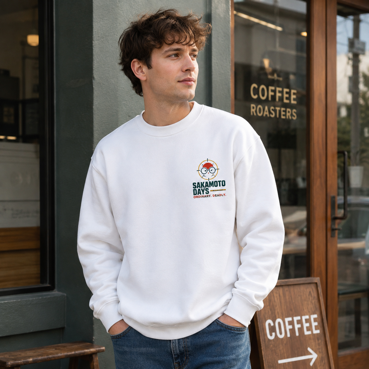 White sweatshirt with Taro Sakamoto Sakamoto Days Quietly Dangerous graphic – photo 4