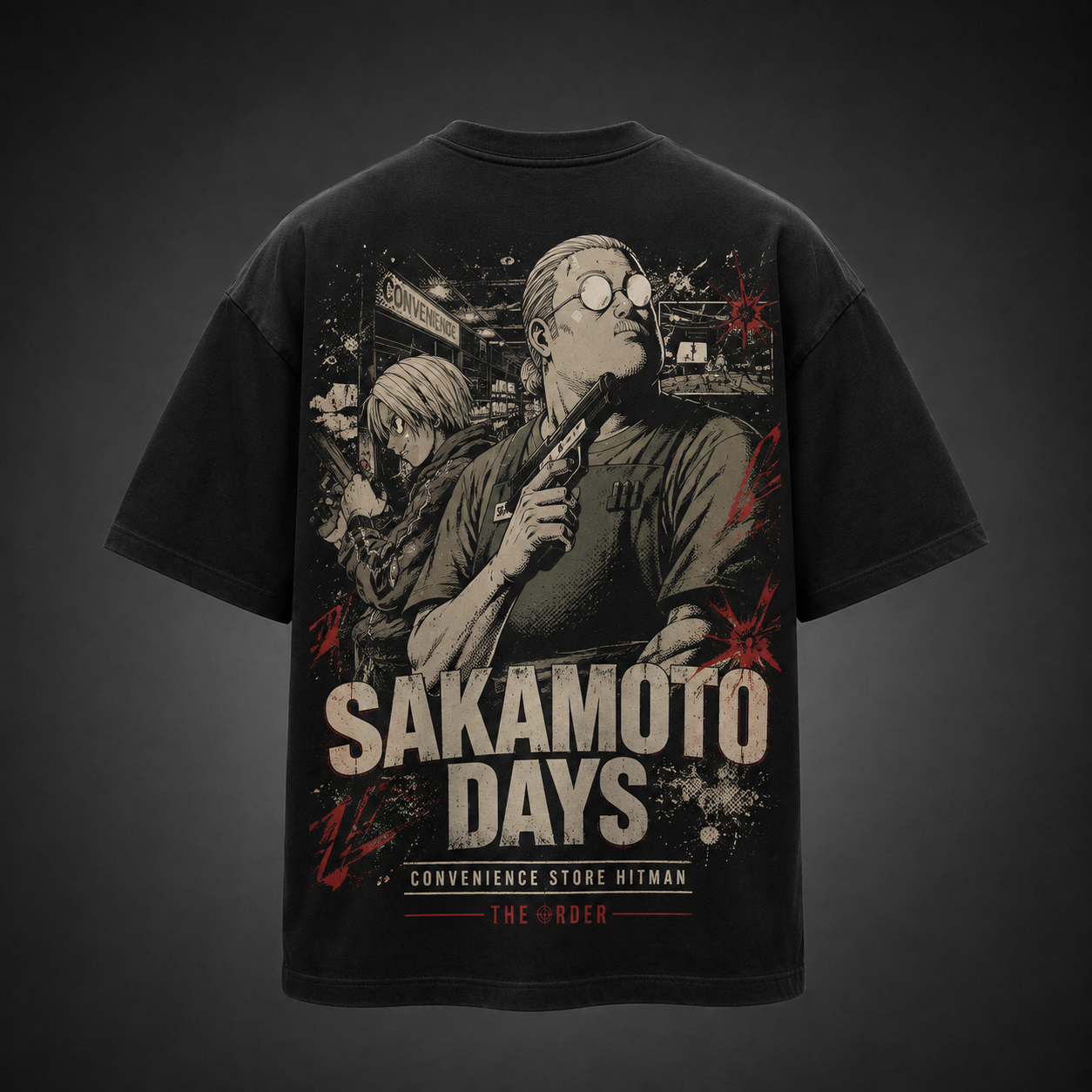 Black t-shirt with Taro Sakamoto & Shin Asakura Sakamoto Days Convenience Store Hitman graphic – photo 1