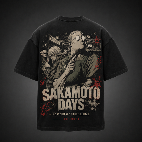 Black t-shirt with Taro Sakamoto & Shin Asakura Sakamoto Days Convenience Store Hitman graphic – photo 1