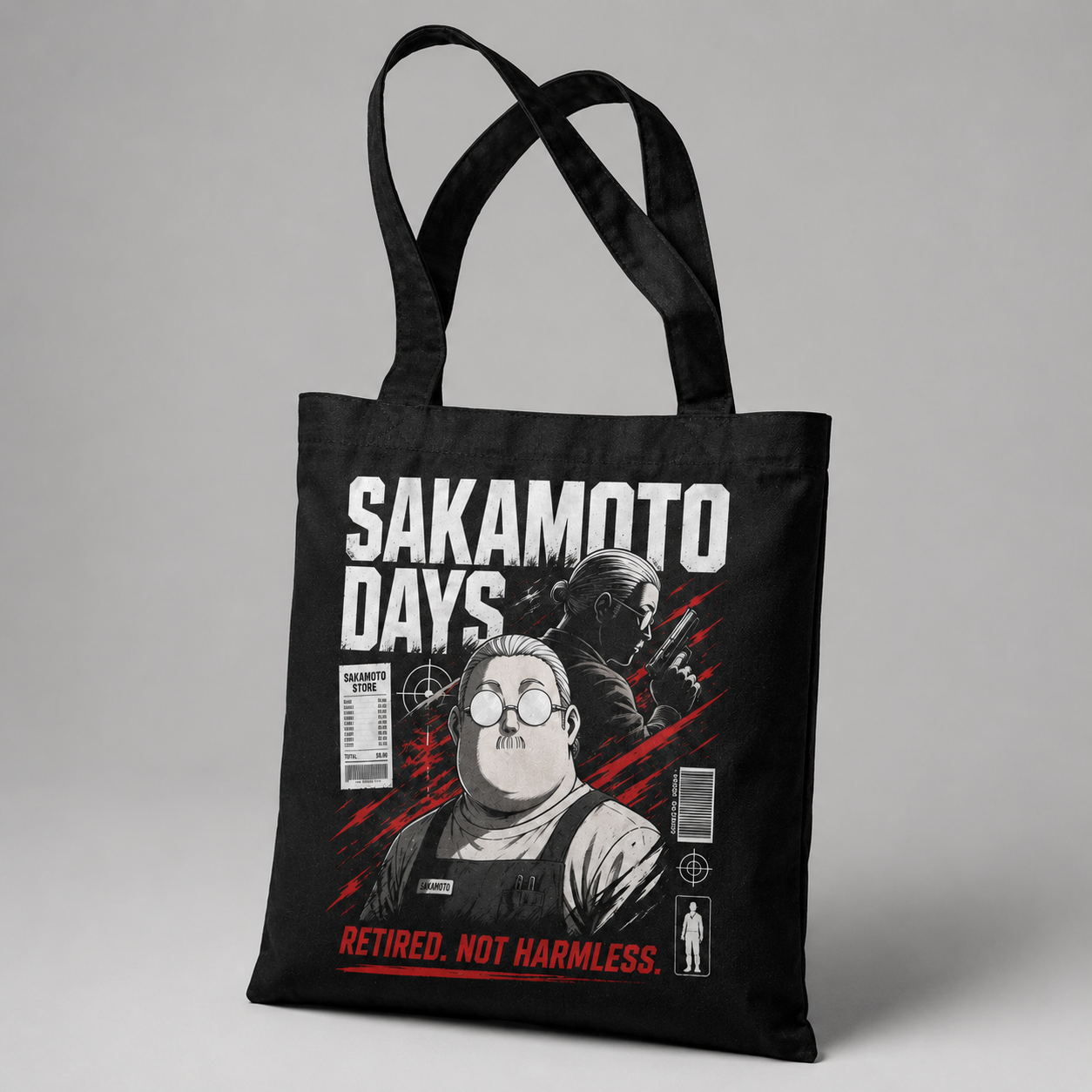 Black tote bag with Taro Sakamoto & Shin Asakura Sakamoto Days Retired Not Harmless graphic – photo 2