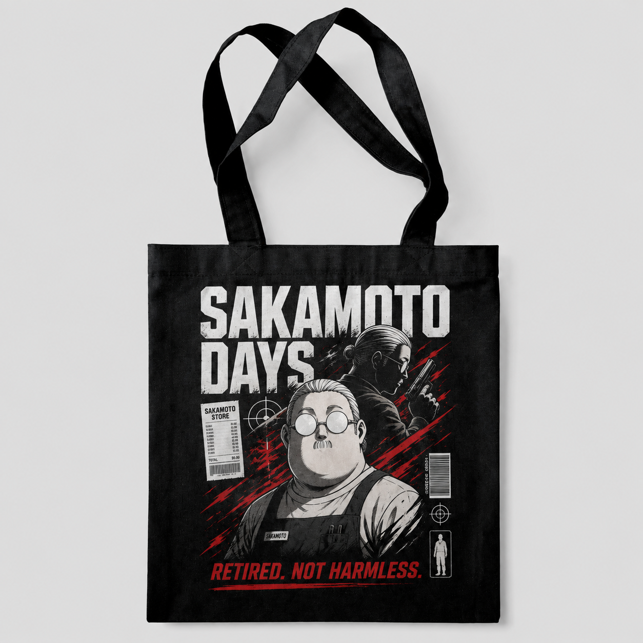Black tote bag with Taro Sakamoto & Shin Asakura Sakamoto Days Retired Not Harmless graphic – photo 3