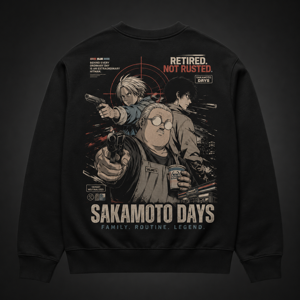 Black sweatshirt with Taro Sakamoto & Shin Asakura Sakamoto Days Retired Not Rusted graphic – photo 1