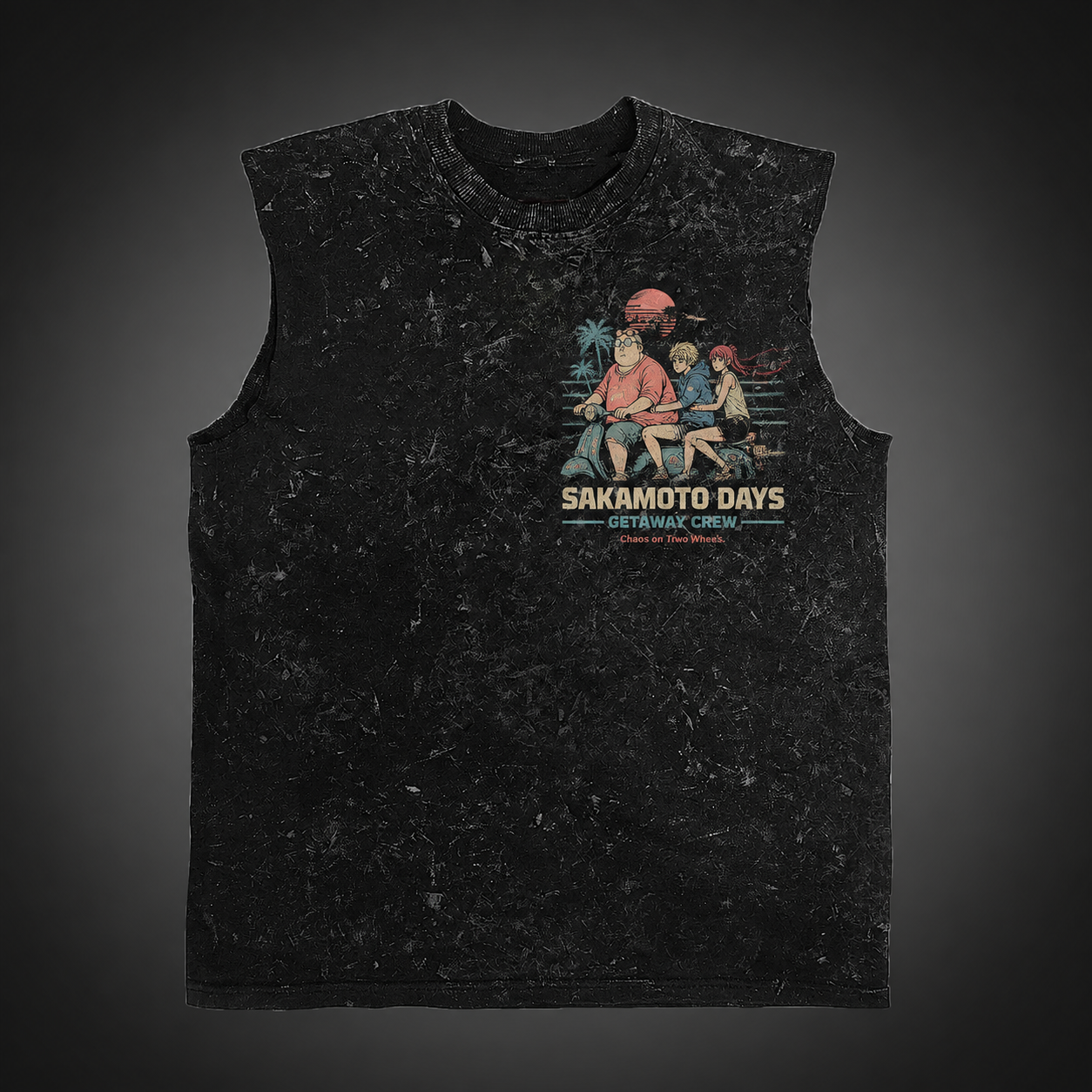 Washed black tank top with Taro Sakamoto & Shin Asakura Sakamoto Days Summer Chaos graphic – photo 2