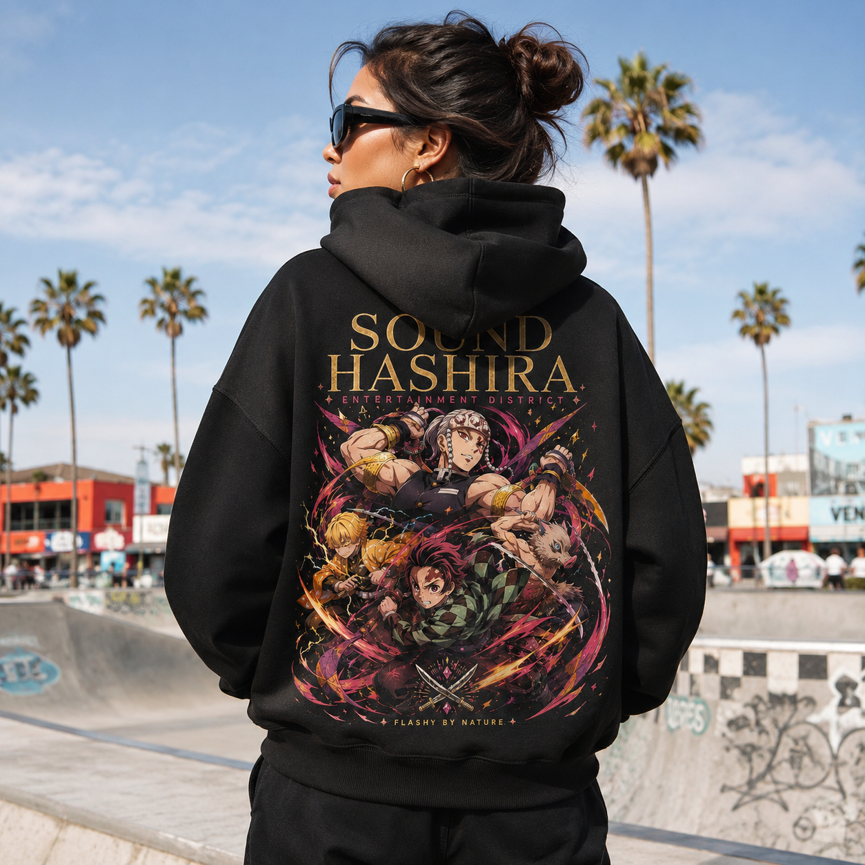Black hoodie with Tengen Uzui Demon Slayer Sound Hashira graphic – photo 3