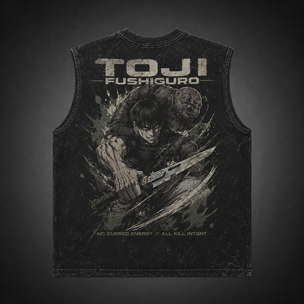 Washed black tank top with Toji Fushiguro Jujutsu Kaisen All Kill Intent graphic – photo 1