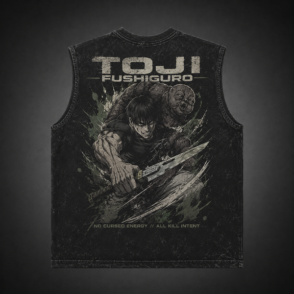 Washed black tank top with Toji Fushiguro Jujutsu Kaisen All Kill Intent graphic – photo 1