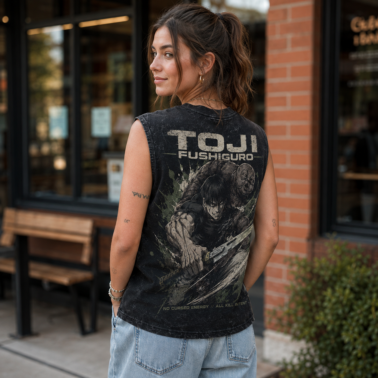 Washed black tank top with Toji Fushiguro Jujutsu Kaisen All Kill Intent graphic – photo 3