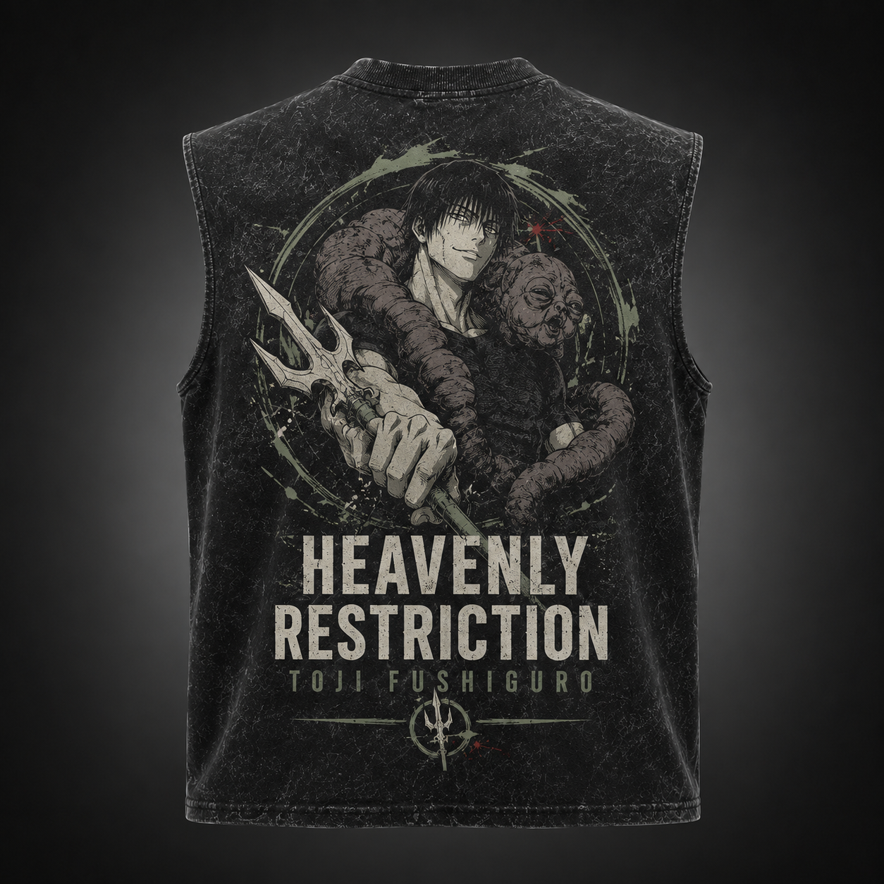 Washed black tank top with Toji Fushiguro Jujutsu Kaisen Heavenly Restriction graphic – photo 2