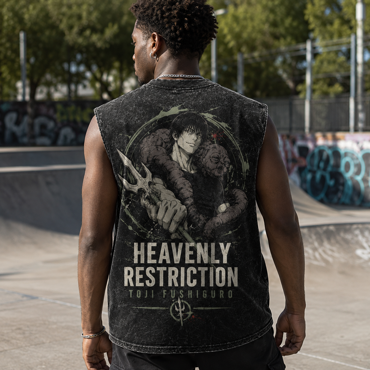 Washed black tank top with Toji Fushiguro Jujutsu Kaisen Heavenly Restriction graphic – photo 4