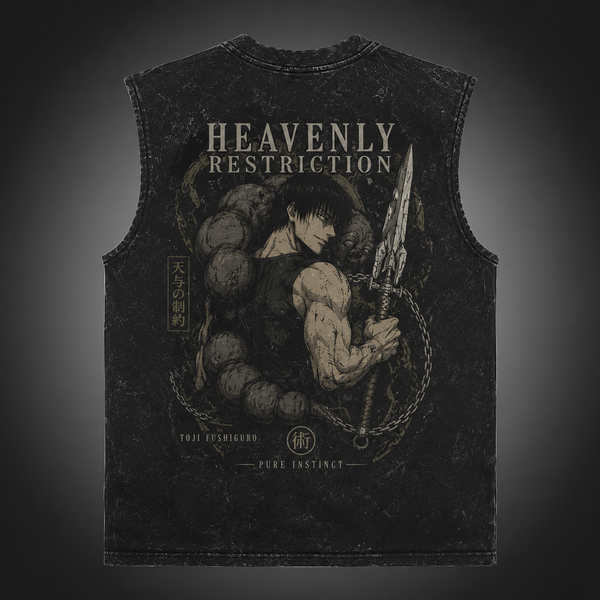 Washed black tank top with Toji Fushiguro Jujutsu Kaisen Pure Instinct graphic – photo 1