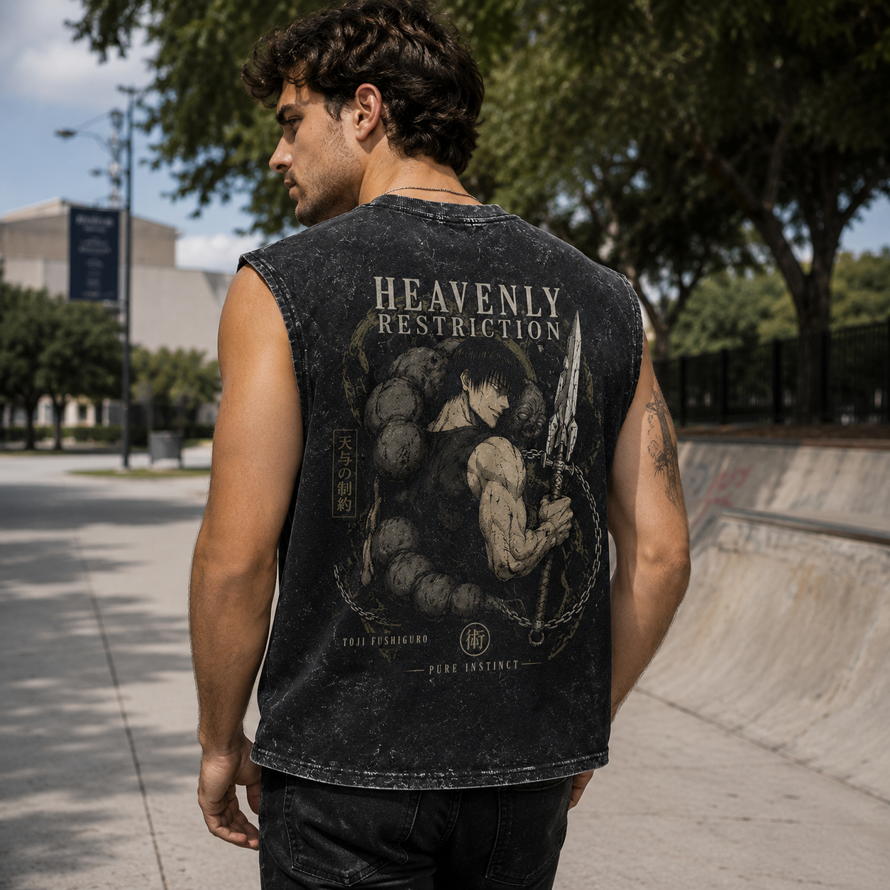 Washed black tank top with Toji Fushiguro Jujutsu Kaisen Pure Instinct graphic – photo 3