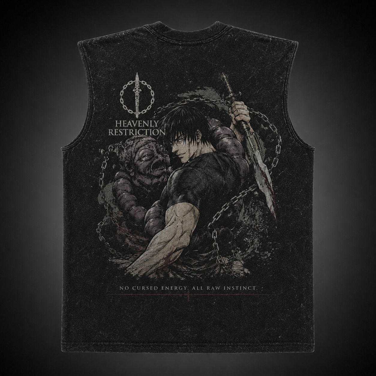 Washed black tank top with Toji Fushiguro Jujutsu Kaisen Raw Instinct graphic – photo 1