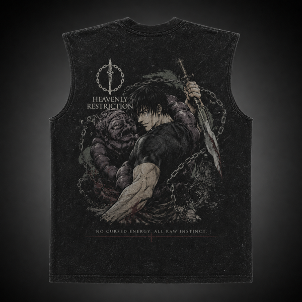 Washed black tank top with Toji Fushiguro Jujutsu Kaisen Raw Instinct graphic – photo 1