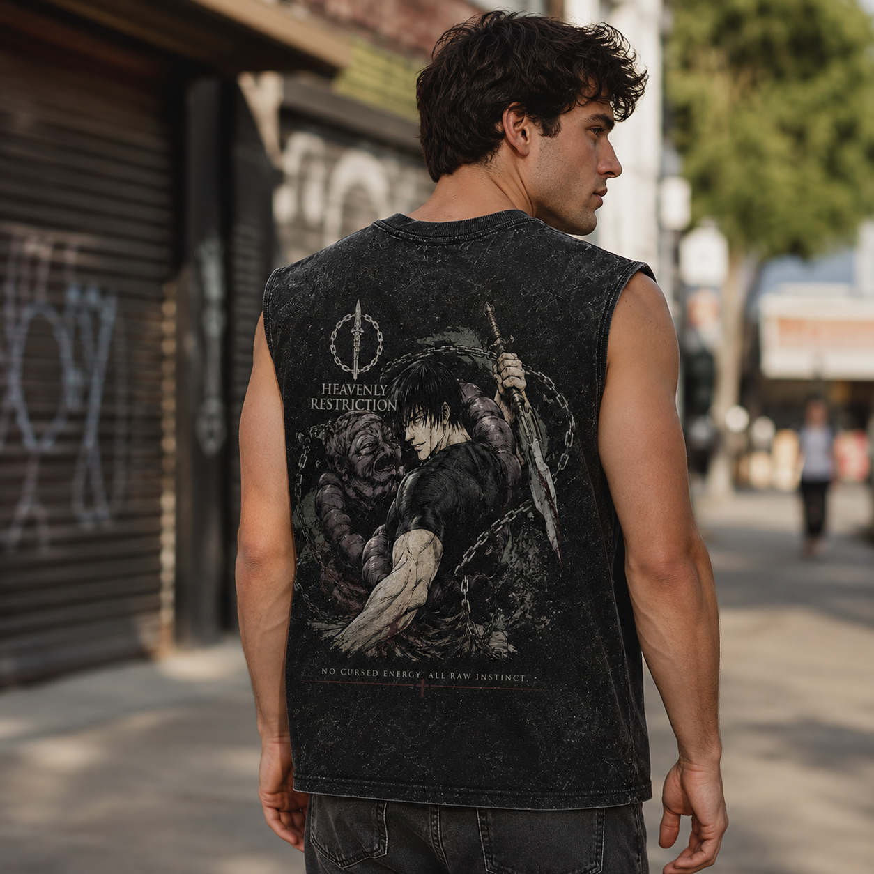 Washed black tank top with Toji Fushiguro Jujutsu Kaisen Raw Instinct graphic – photo 3