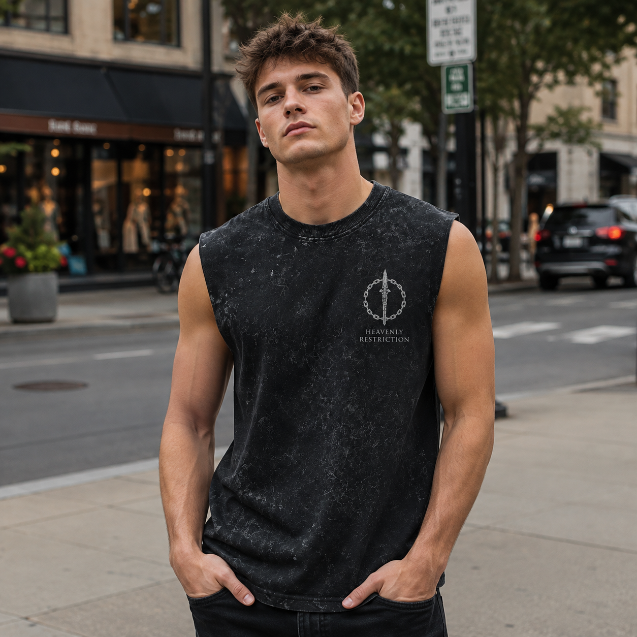 Washed black tank top with Toji Fushiguro Jujutsu Kaisen Raw Instinct graphic – photo 4