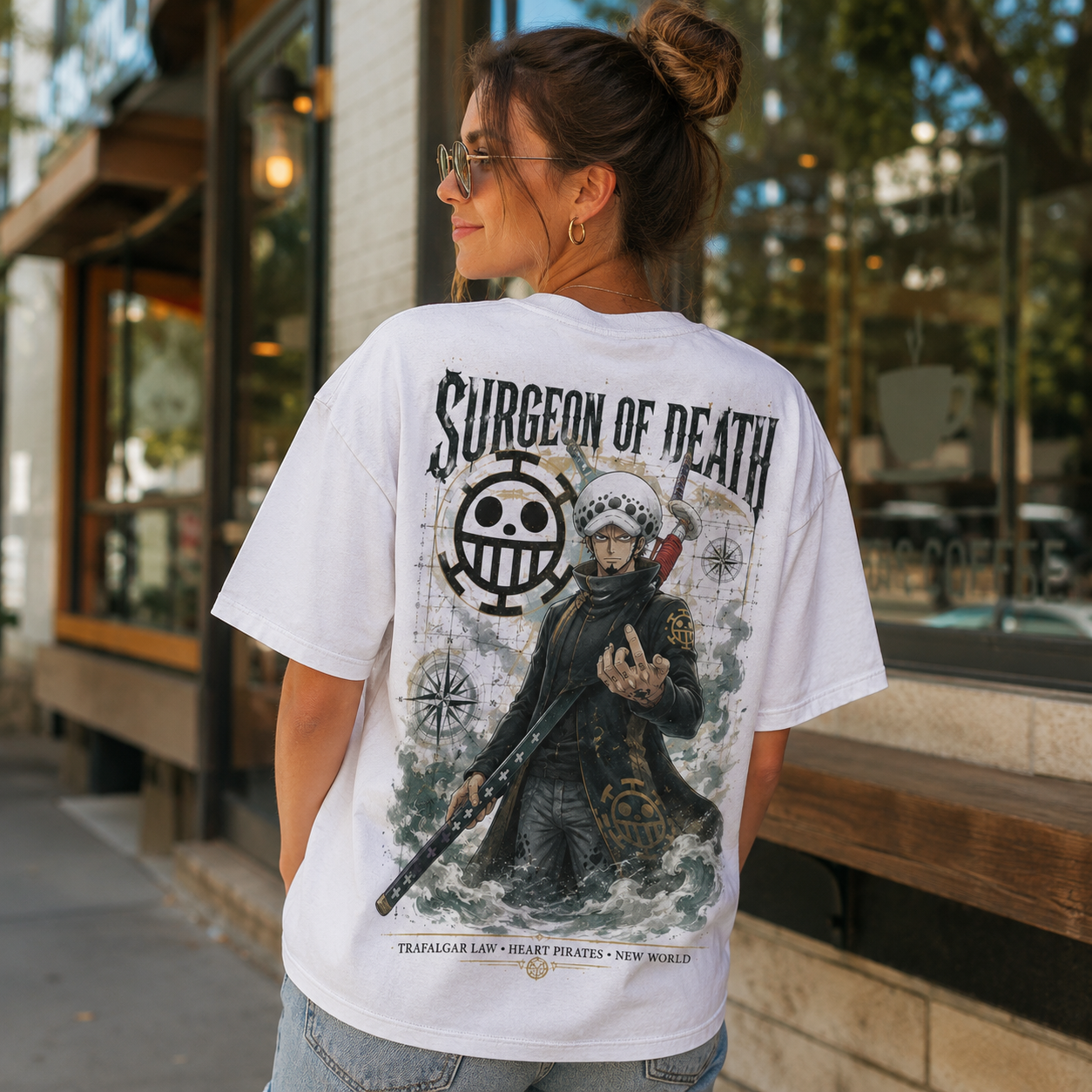 White t-shirt with Trafalgar Law One Piece Surgeon Of Death graphic – photo 3