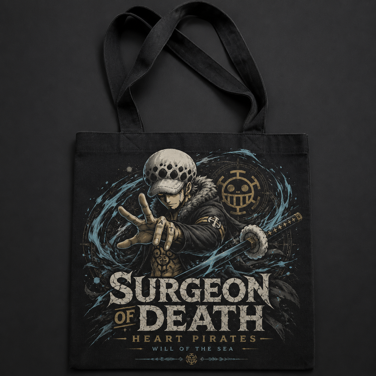 Black tote bag with Trafalgar Law One Piece Surgeon Of Death graphic – photo 1