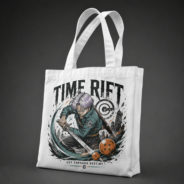 White tote bag with Trunks Dragon Ball Time Rift graphic – photo 2