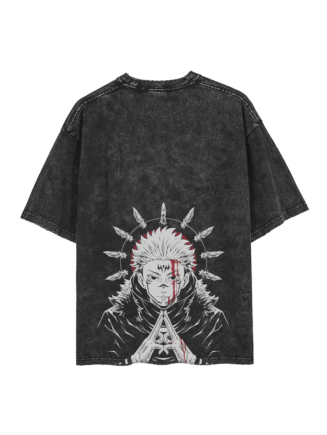 Washed black t-shirt with Ryomen Sukuna Jujutsu Kaisen King Cursed graphic – photo 1