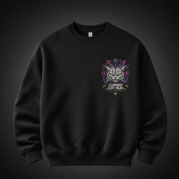 Black sweatshirt with Turbo Granny Dandadan Cursed Cat Run graphic – photo 2